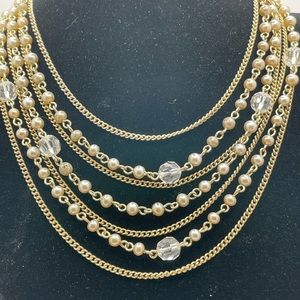 Lisner Signed Vintage Gold Tone Faux Pearl Multi-Strand Bib Necklace